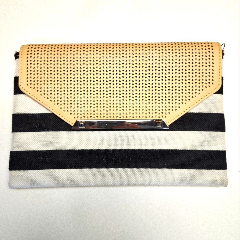 Stella & Dot canvas & faux leather clutch, black & white stripes & taupe flap